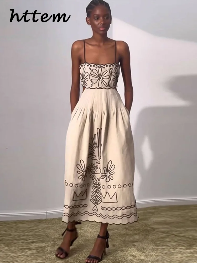 

Sexy Printed Hollow Out Sling Dress Women Sleeveless Backless Pocket Wave Hem Female Dresses 2024 Summer Lady A-line Beach Robes