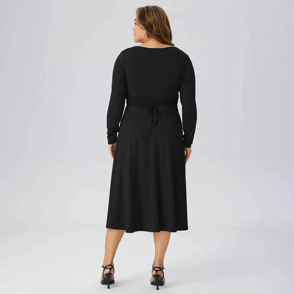 

Winter 2025 Autumn and New Plus Size Women's Square Neck, Medium Long Style, Waist Cinching Temperament, Commuting Long Sleeved