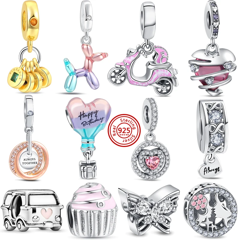 100% 925 argento amuleto buon compleanno palloncino rosa moto perline Charms Fit originale Pandora braccialetto gioielli donna regalo fai da te