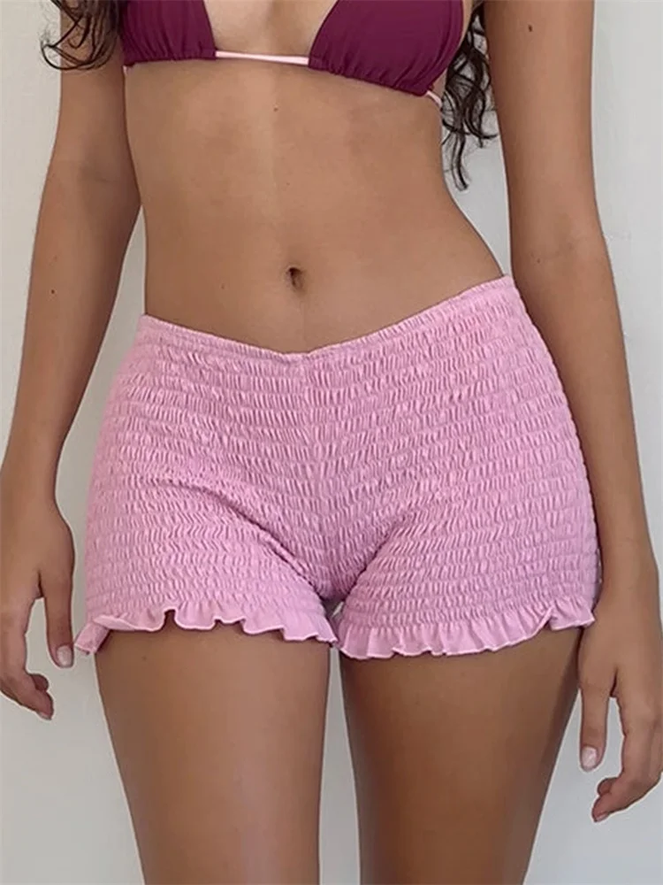 CHlearSTYLE-Short froncé pour femmes, coupe slim, décontracté, taille élastique, couleur unie, à volants, pantalon court pour fête d\'été, nouvelle