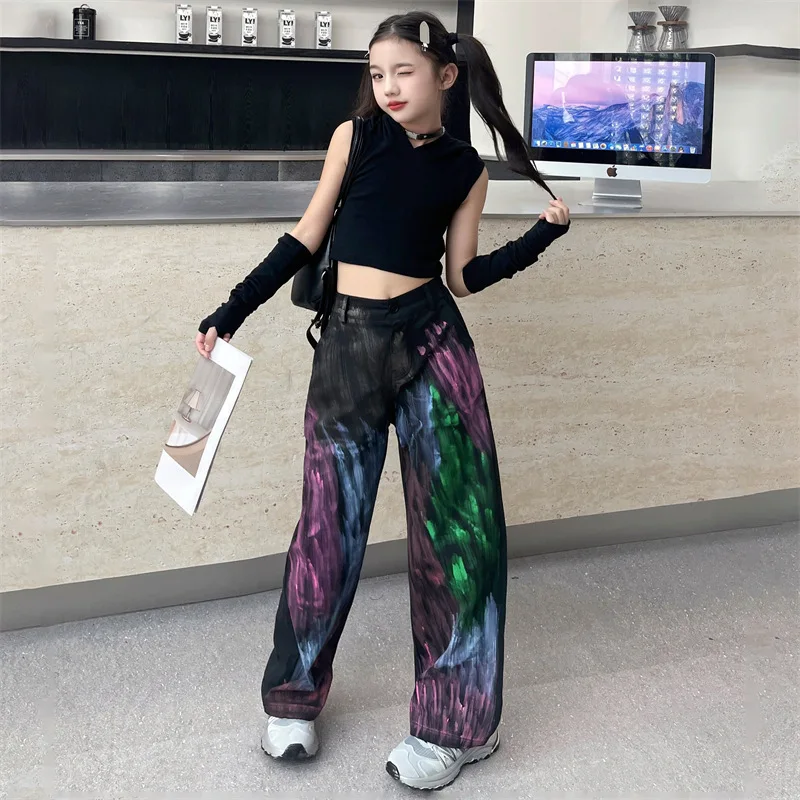 2023 الخريف الشتاء الهيب هوب الجاز المراهقات الفتيات الأطفال راقصة واسعة الساق الكتابة على الجدران السراويل 4 10 11 12 14 سنة بنطلون أطفال الشارع