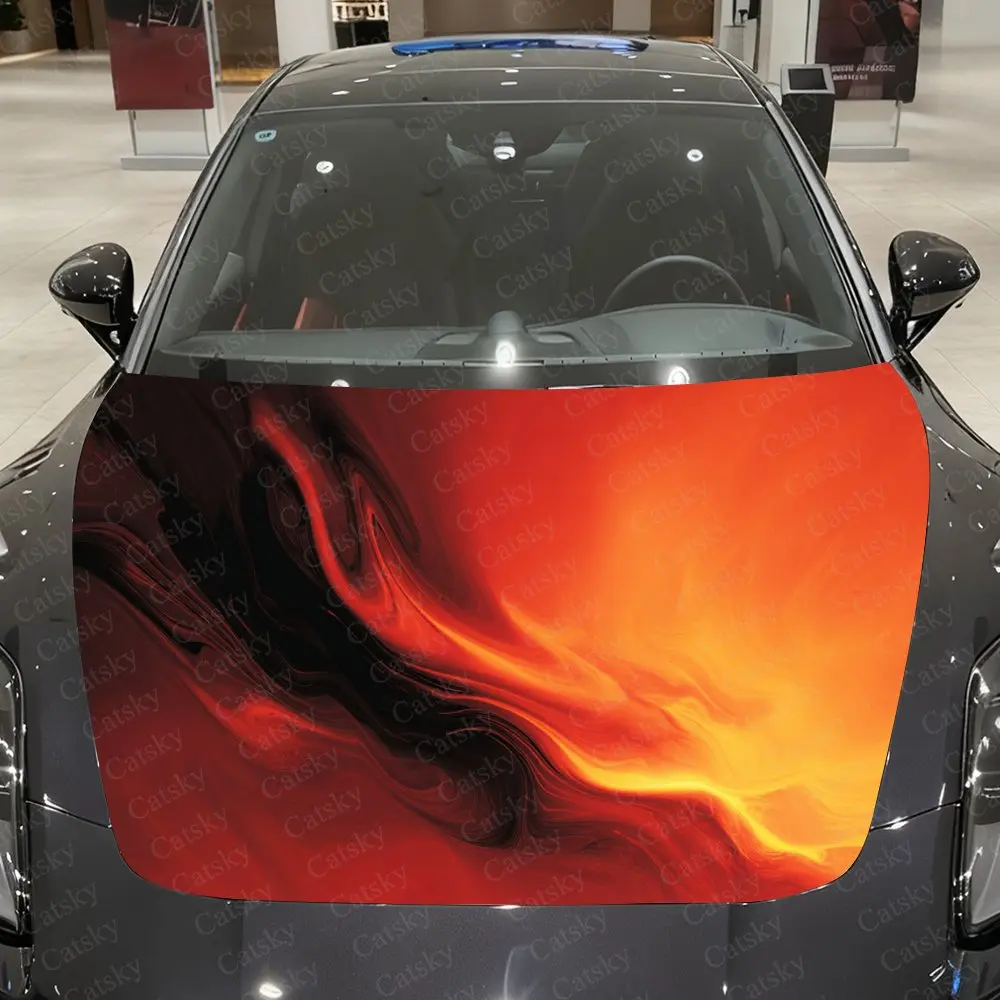 Orange Lava Texture Pattern Car Hood Sticker,Waterproof Self-Adhesive Vinyl Graphics Decals,Decorative Auto Accessories Stickers
