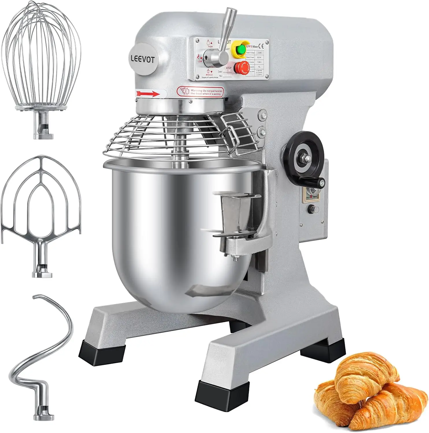 Commercial Food Mixer 15 Qt 3 Speed Adjustment 600W Timer Heavy Duty Dough Mixer Stainless Steel Bowl Suitable Bakeries Pizzeria