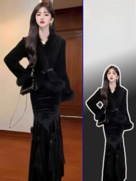 

plus Size Winter Outerwear Women's Floral Fur Coat And Fish Tail Skirt Set Elegant Style Long Sleeve V-Neck Slim Fit for Teens