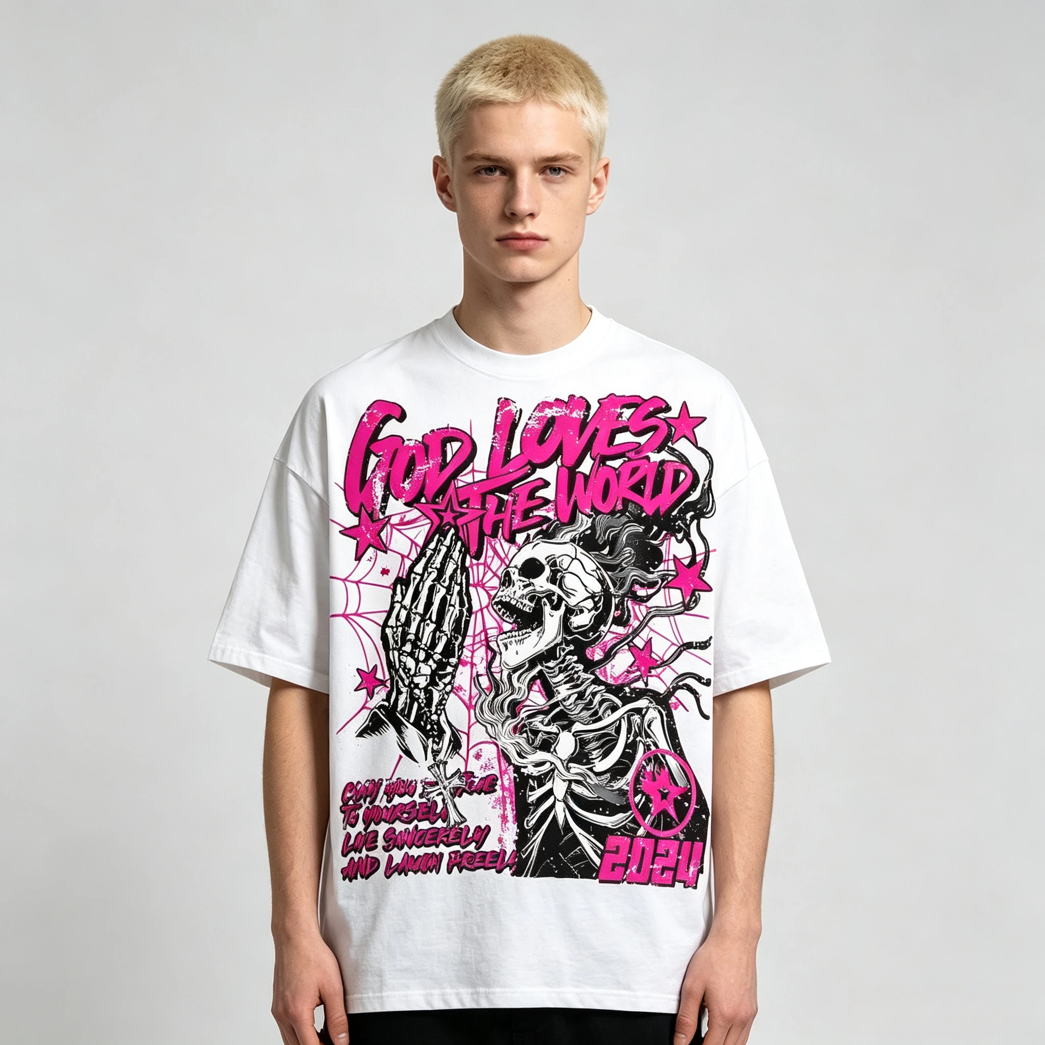 2026 Summer Summer Men's Fashion Style Skull Print Comfortable and Breathable with Round Neck T-shirt Outdoor Warning Top Y2k