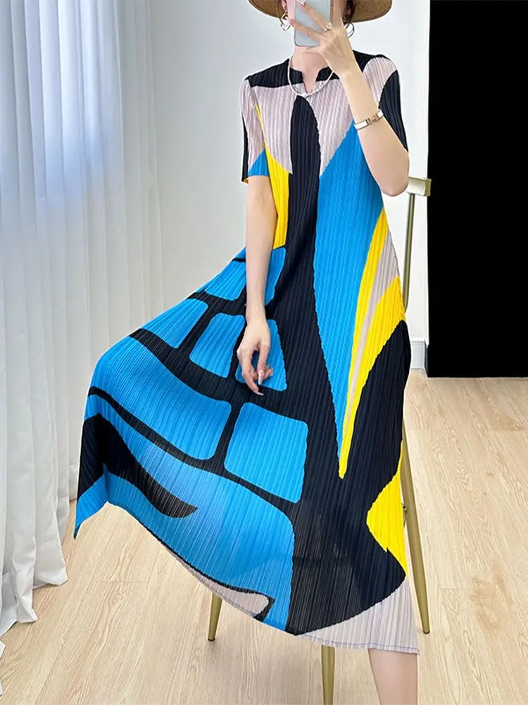 

Color blocking high-end dress for women's summer new vintage print loose and slim pleated mid length skirt