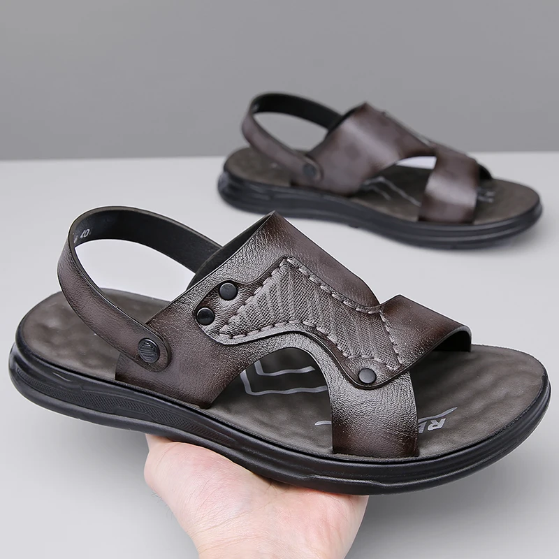 

Extra Large Men Casual Leather Slides Lightweight Soft Sole Breathable Non Slip Beach Outdoor Daily Home Use