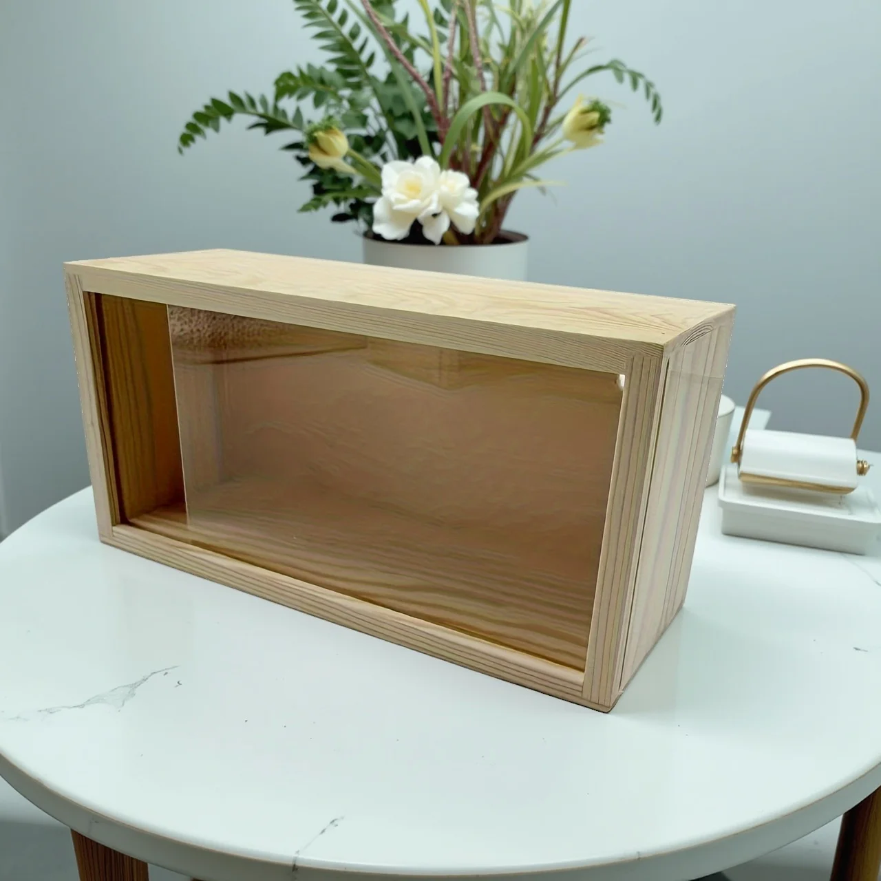 1pc Pine Pull-Out Box Sliding Cover Wooden Box Transparent DIY Storage Display Box Toy Figurine Display Cabinet Home Accessories