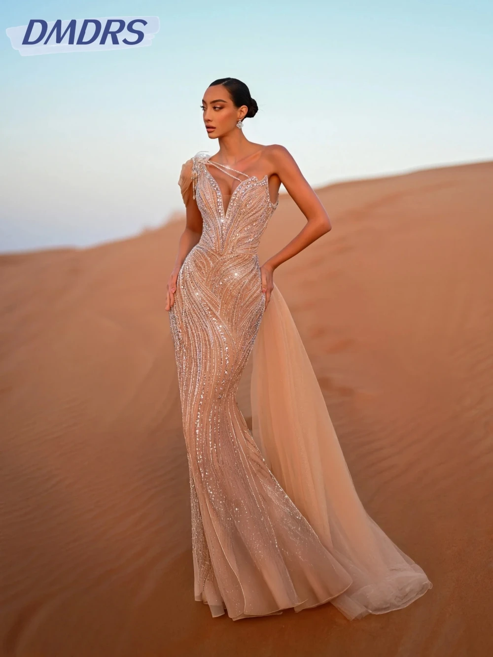 

Charming Beaded One Shoulder Evening Dress For Women V-neck Mermaid Long Wedding Party Gown Customized Champagne Prom Dresses