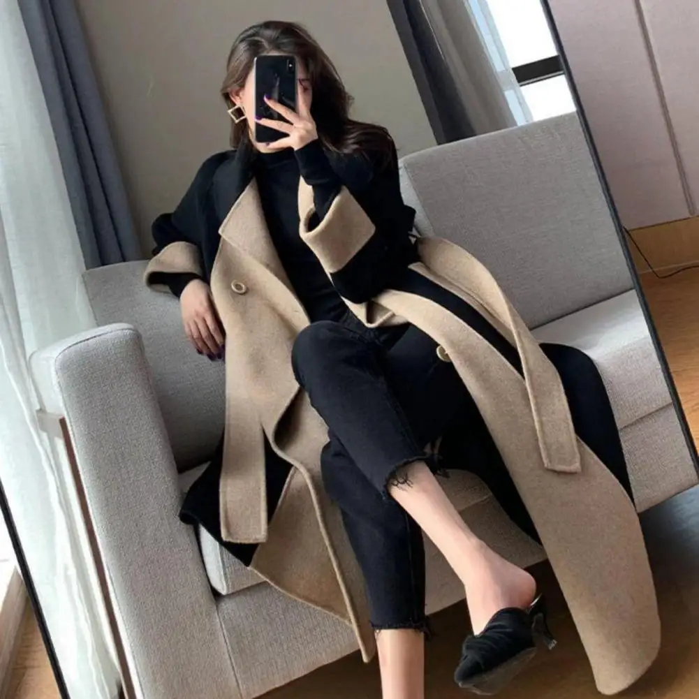 Elegant Double-breasted Women Woolen Coat Autumn Winter Woolen Coat Women's Long Style Contrasting Color Temperament Overcoa