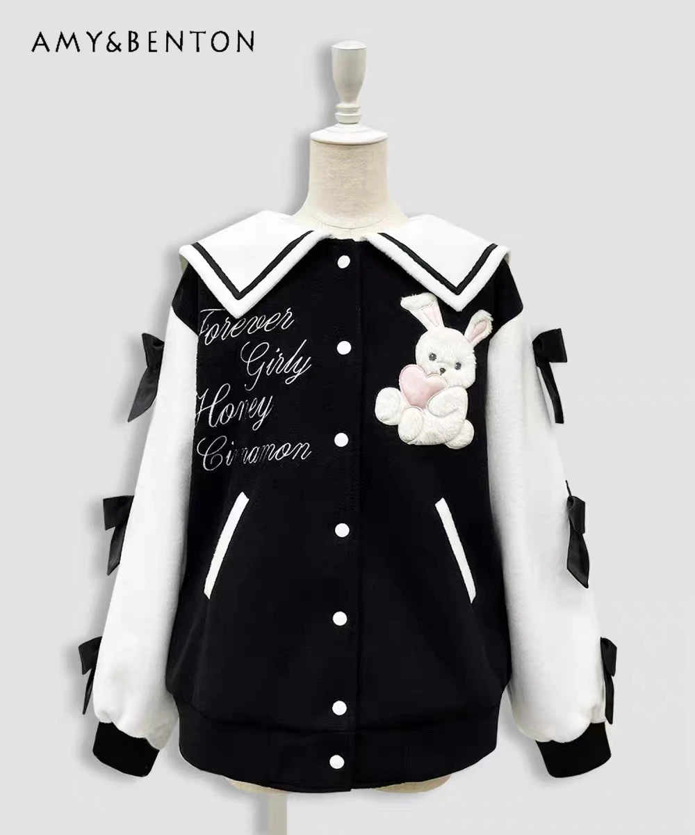 

Japanese Kawaii Rabbit Embroidery Navy Collar Patchwork Color Long Sleeve Baseball Jacket College Style Sweet Loose Casual Coat
