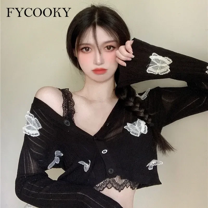 

New 2025 Cardigan Women Korean Style V-neck Long-sleeved Thin Fashion Lace Butterfly Short Cardigan Woman