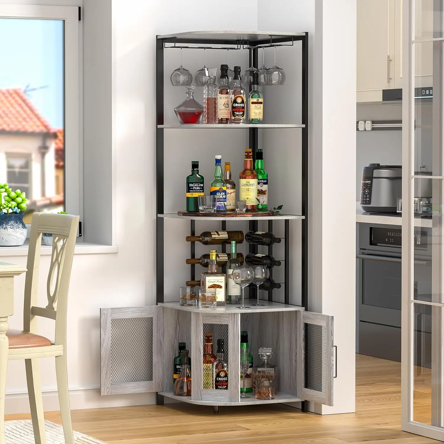 Anmytek Corner Bar Cabinet Wood Liquor Cabinet With Wine Rack, 5-Tiers Industrial Corner Wine Cabinet With Shelf Storage, Home