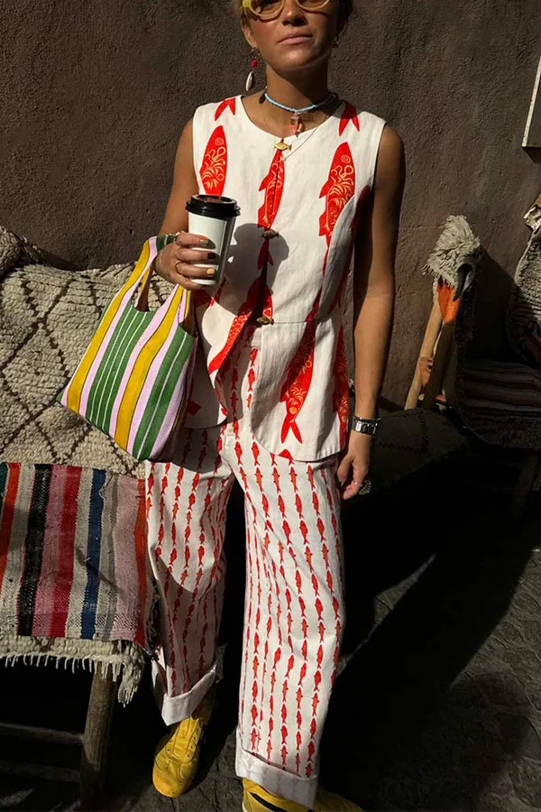 Sommer Frauen Cartoon Rot Fisch Drucken O Neck Tank Top Und Gerade Weibliche Lange Hosen Kurzarm Shirt Breite Bein Hose 2-stück Sets – Detail 5
