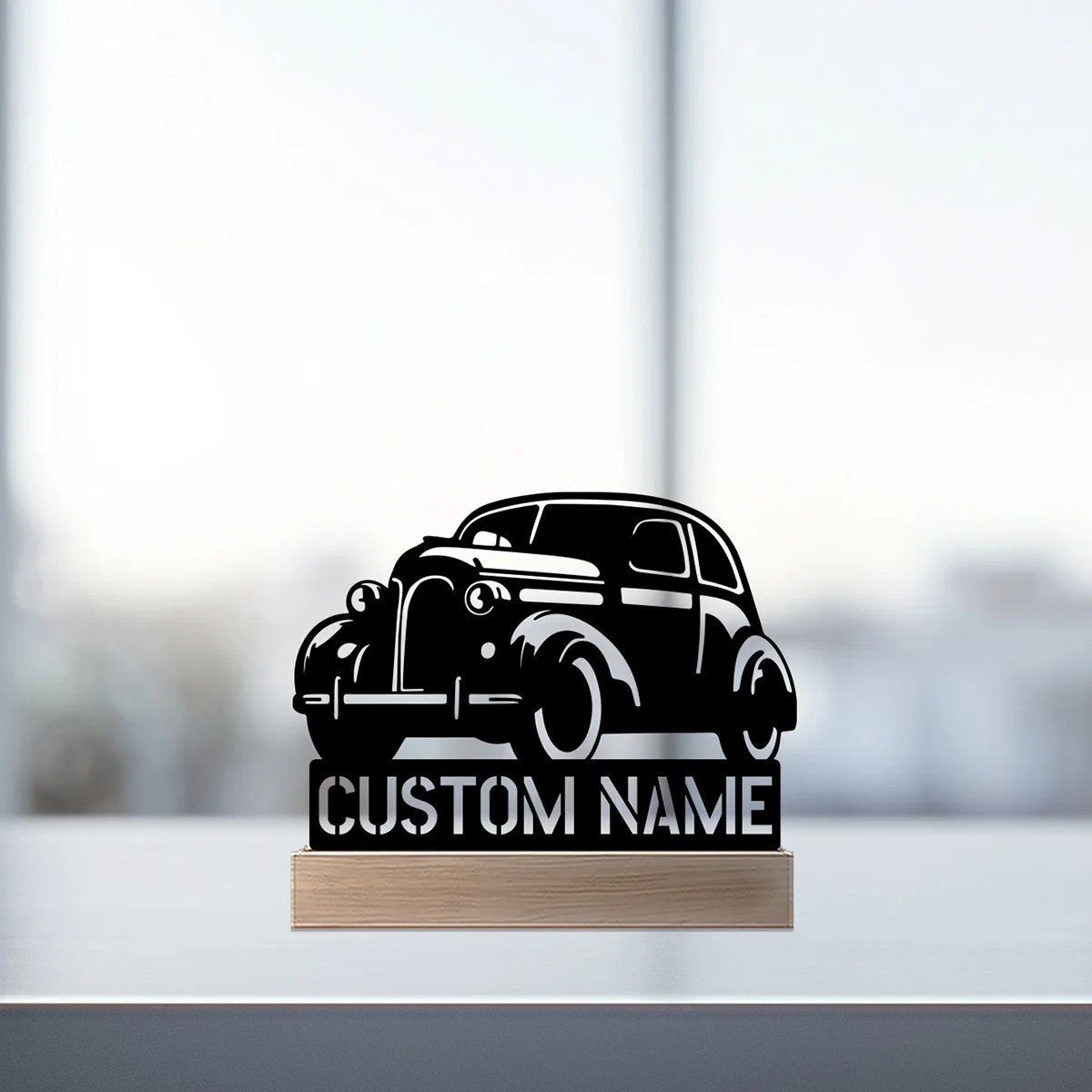 1 st Eenvoudige sedan Aangepaste Naam Metalen Standbeeld Met Houten Basis Metalen Standbeeld Ijzer Ornament Tin Sculptuur Kunst Ambachten Met Houten Basis