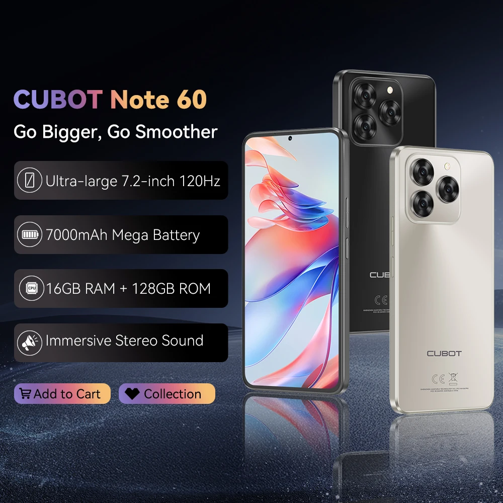 Cubot Note 60 Smartphone, Android 15, 7.2-inch 120Hz Display, Octa-core,16GB(6+10GB )RAM 128GB ROM, 48MP Camera, 7000mAh Battery
