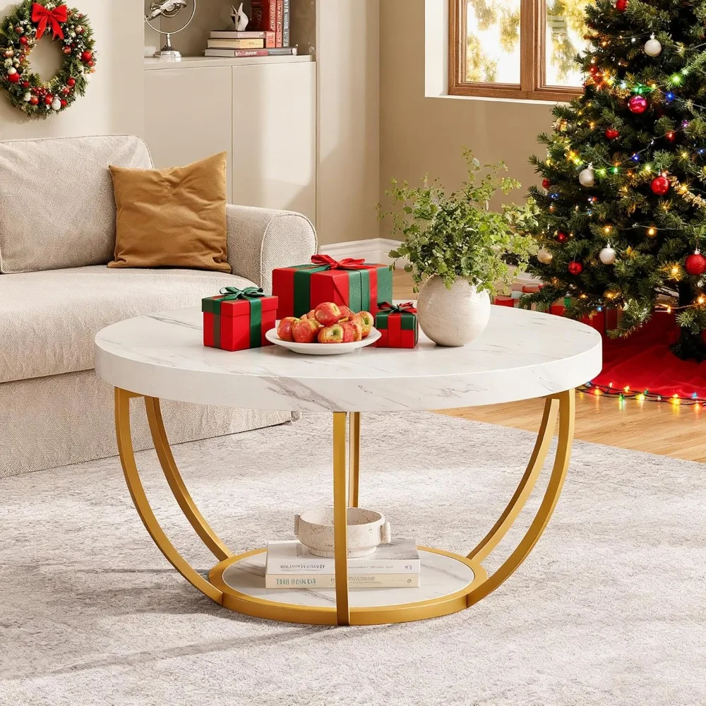 

Modern Round Coffee Table, 2 Tier Coffee Table with Faux White Marble and Golden Metal Legs, Circle Center Table Tea