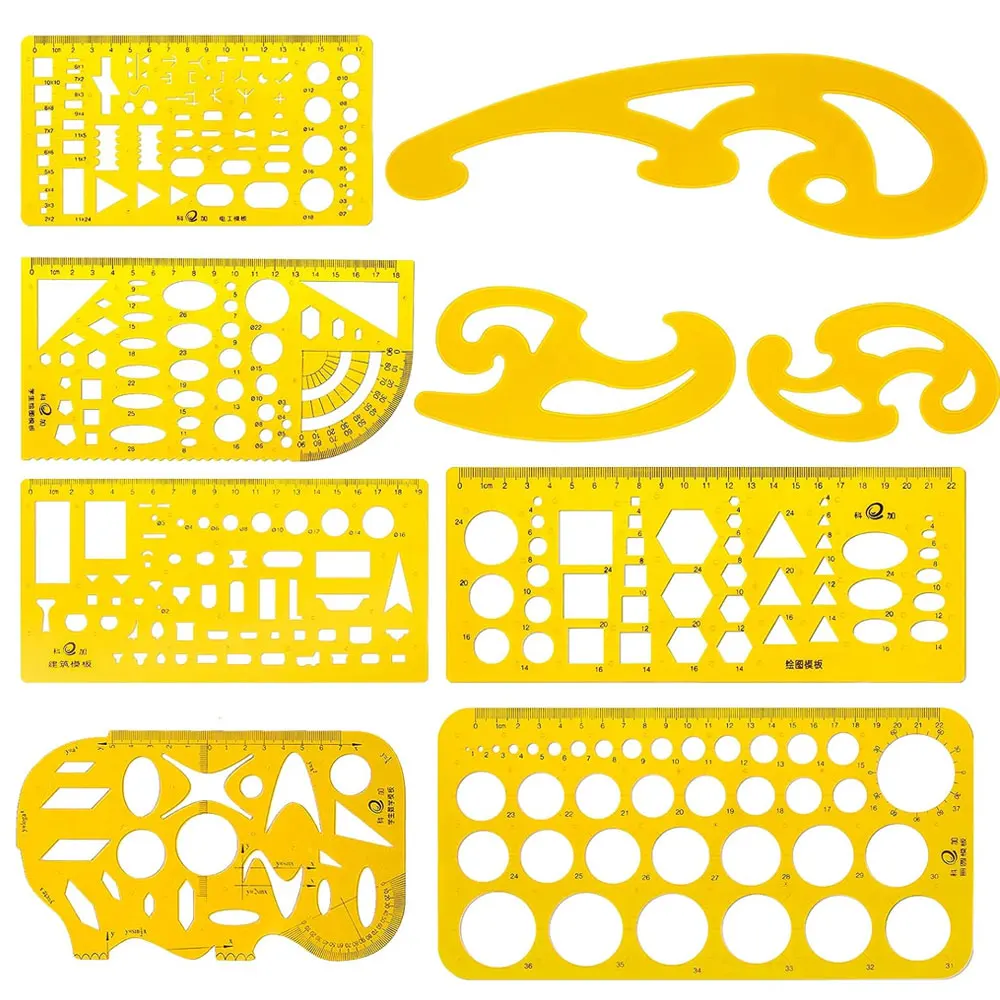 

Набор из 9 шаблонов для архитектурных чертежей, геометрических шаблонов и инструментов для рисования.