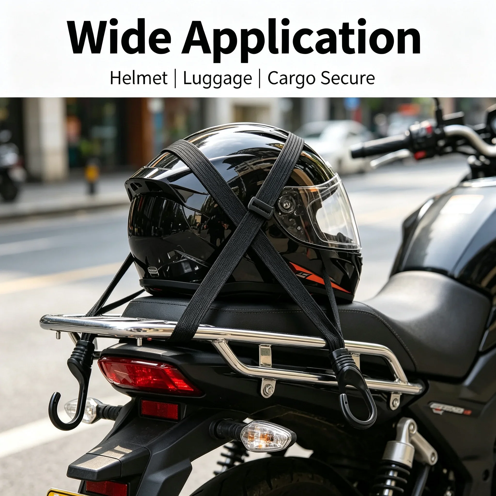 Motorcycle helmet strap with elastic cord, available in 60/90 cm lengths, a multi-functional adjustable elastic binding rope.