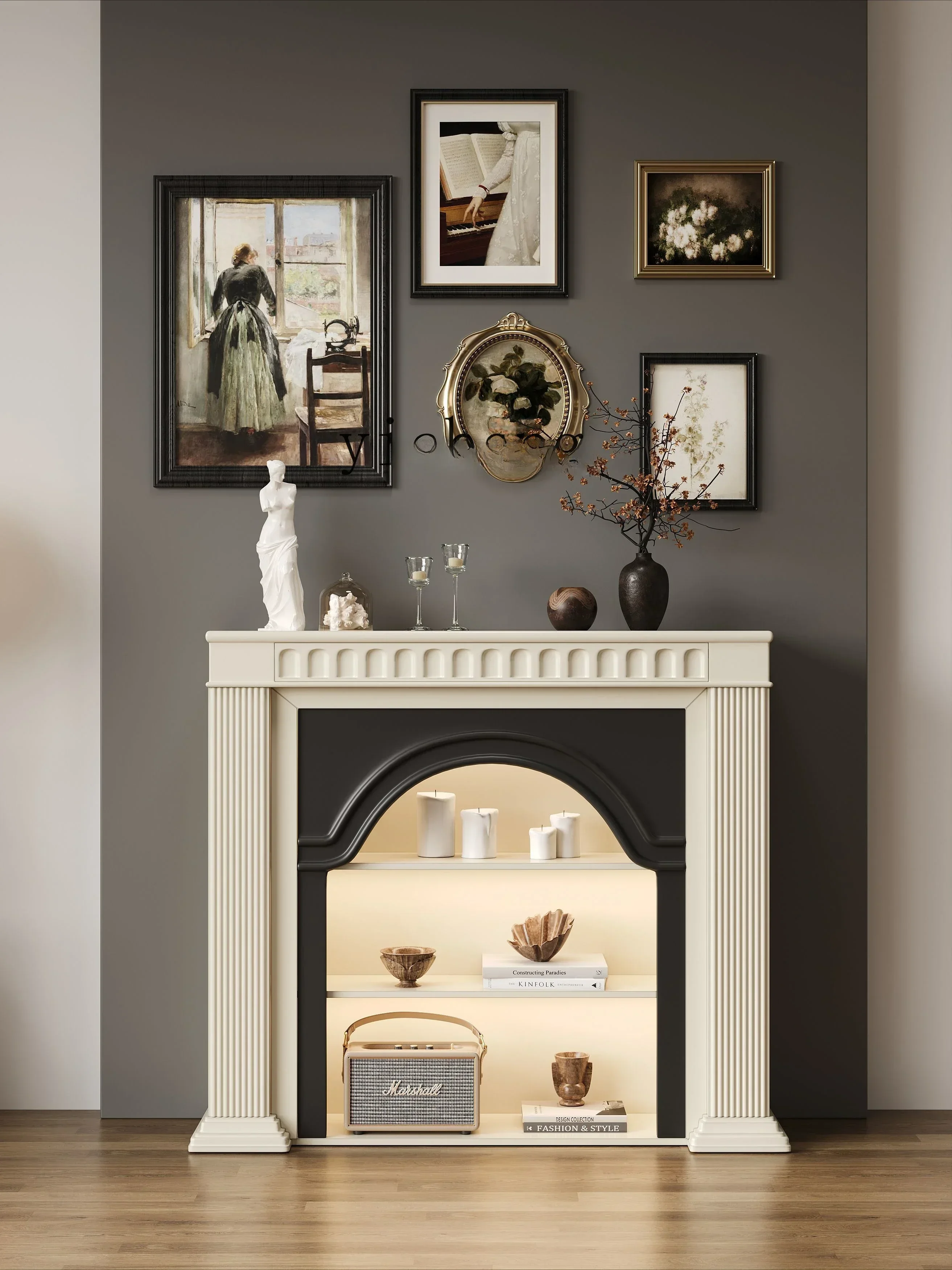 XL Cream Wind Solid Wood European Arched Fireplace Decorative Cabinet American Living Room Side Cabinet Home Fireplace