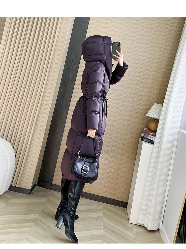 Chaqueta ajustada con cinturón para mujer, abrigo de plumas de pato blanco 90 con capucha, estilo largo, elegante y cálido, para invierno