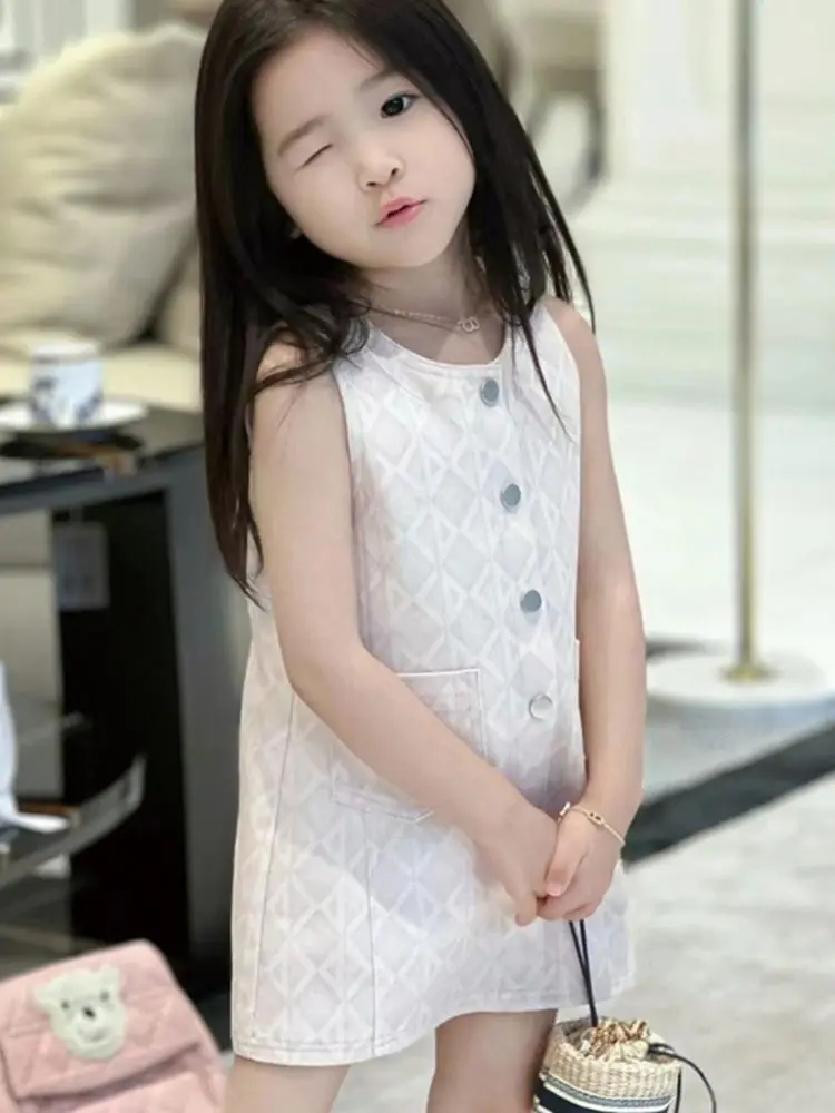 Girls' Dress 2026 Summer New Collection Children's Sweet White Printed High Grade Vest Dress