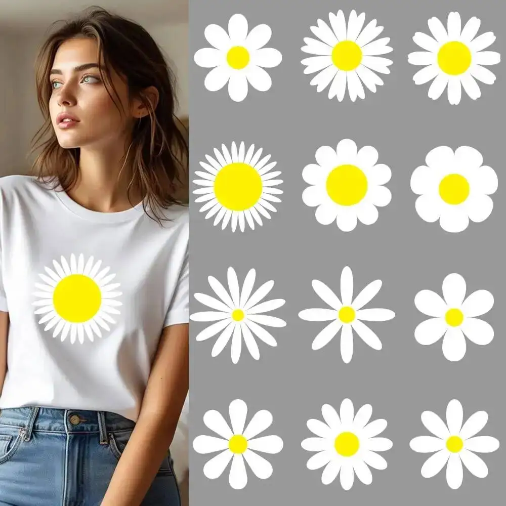 Cartoon Daisy Flowers Transfer Patches For Clothes Applqiues DIY A-Level Washable T-shirts Iron-on Thermal Stickers