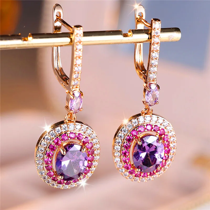 Luxus Weibliche Rot Lila Oval Zirkon Stein Clip Ohrringe Charme Gold Farbe Hochzeit Schmuck Für Frauen