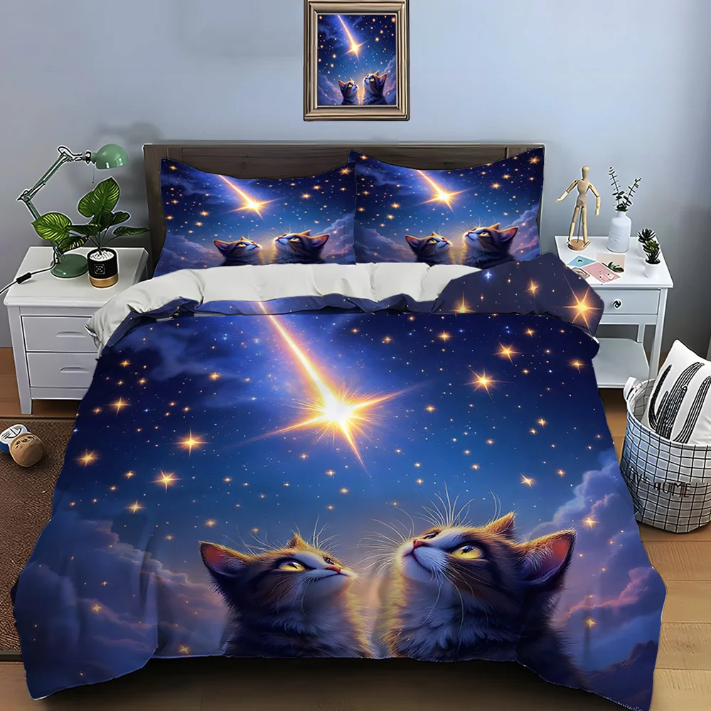 Two cats gazing at shooting star Bedding Set for Kids Luxury Gift 3pcs Digital Print Comforter Set Soft Comfortable Breathable