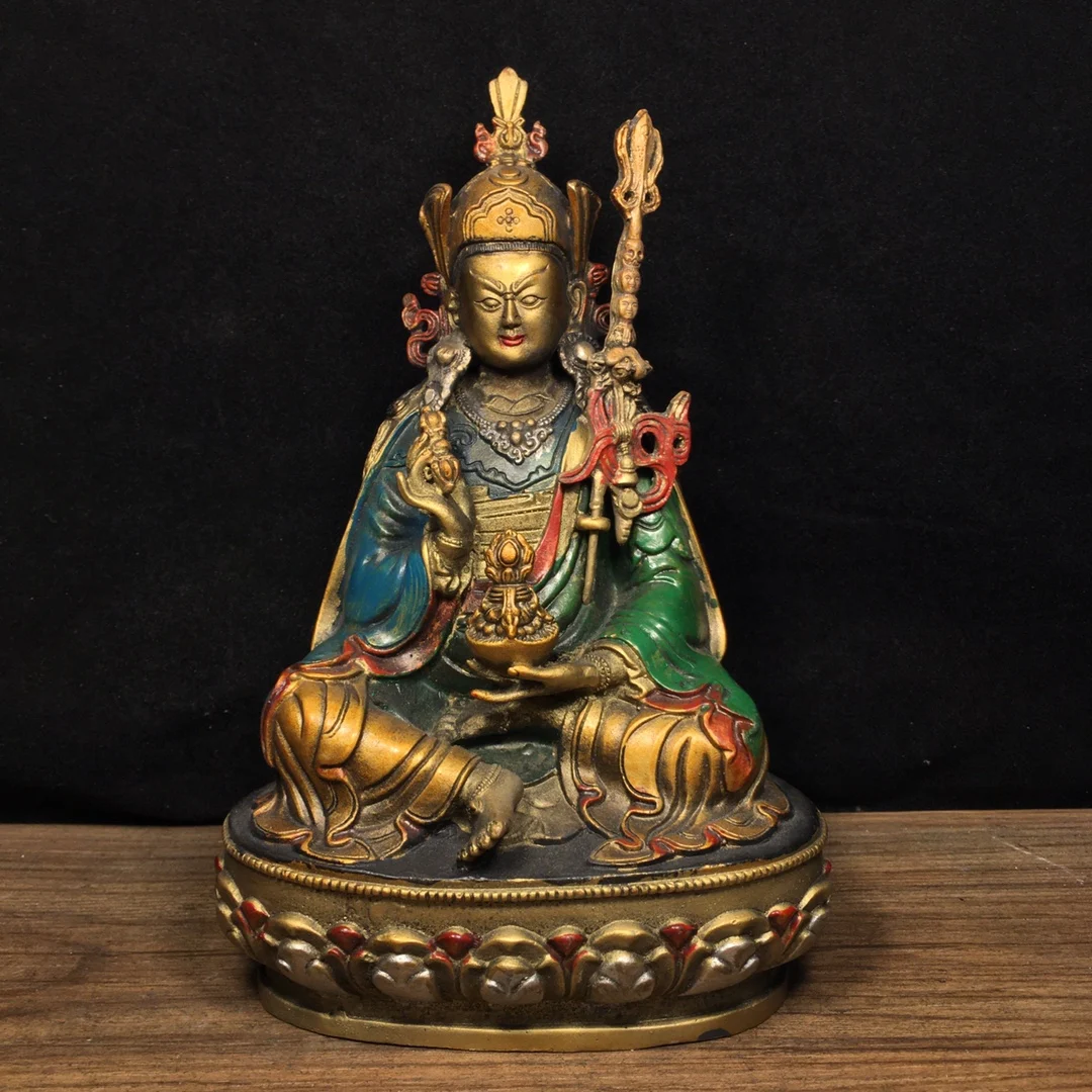 

8"Tibetan Temple Collection Old Bronze Painted Guru Rinpoche Padmasambhava Sitting Buddha Lotus stage Worship Hall Town House