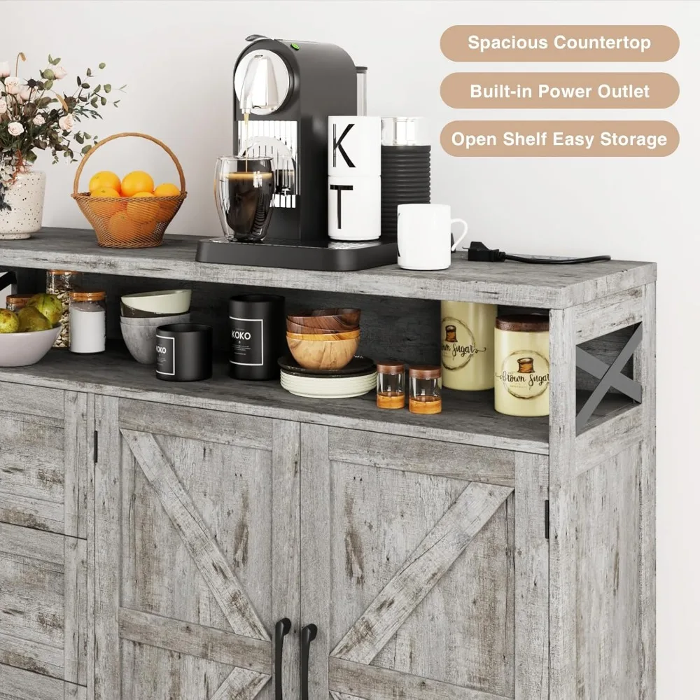 Grey Farmhouse Style Storage Cabinet with Doors and Drawers, Kitchen Buffet Hutch, Pantry Sideboard Cabinet for Organization