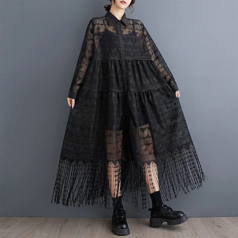 

#2619 Spring2025 Black Irregular Dress Female Long Sleeve Sexy Streetwear Perspective Long Shirt Dress Women Tassel Loose A-line