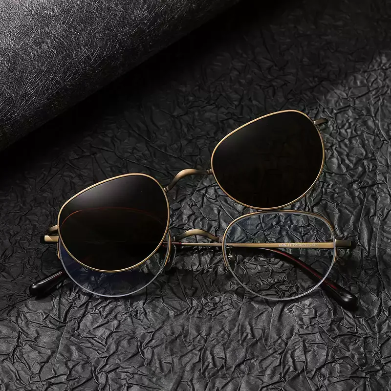 Retro Round Titanium Glasses Frame with Magnetic Clip-on Sunglasses Vintage Eyeglasses for Men Women Trendy Semi Rimless Eyewear