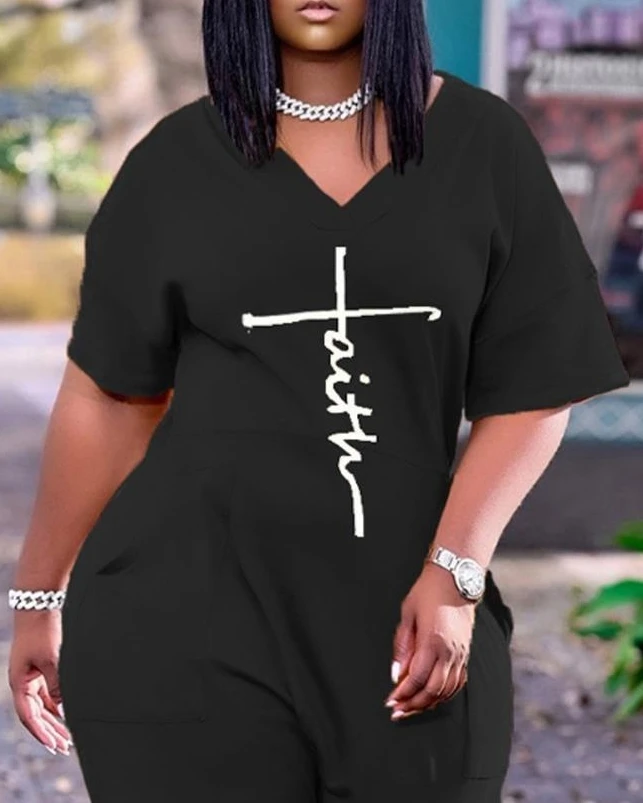 

Letter Print Pocket Detail V-Neck Jumpsuit Europe and America 2023 Summer Daily Fashion Basics Casual Short Sleeve Jumpsuits