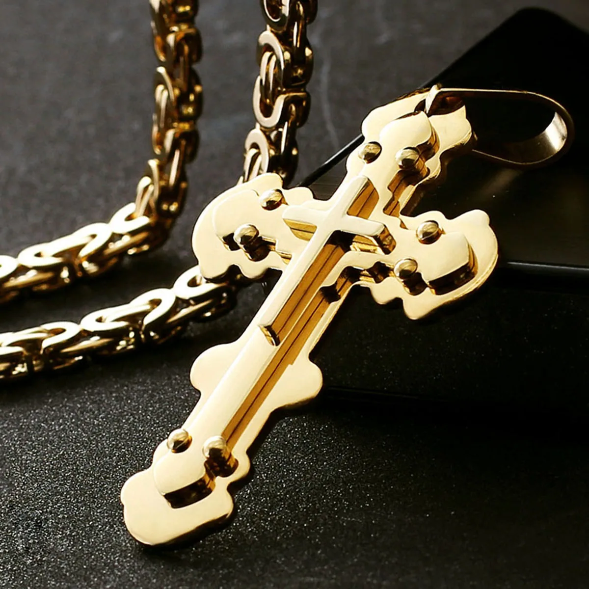 Byzantinische Gliederkette aus Edelstahl, orthodoxe 3-lagige Nieten-Kreuz-Anhänger-Halskette für Männer, Gebet, Kirche, Schmuck, Geschenk
