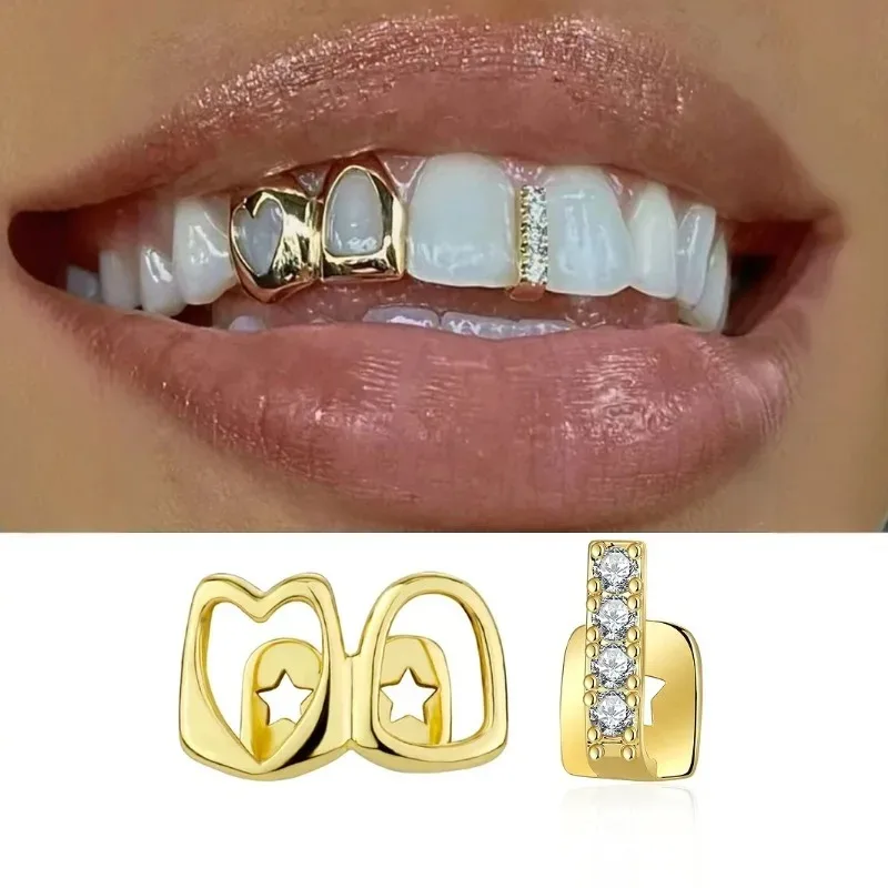 Golden Grillz Tooth Jewelry Set for Men and Women, Copper Inlaid Zircon Hollow Heart, Daily Wearable Valentine Gift, Hip Hop