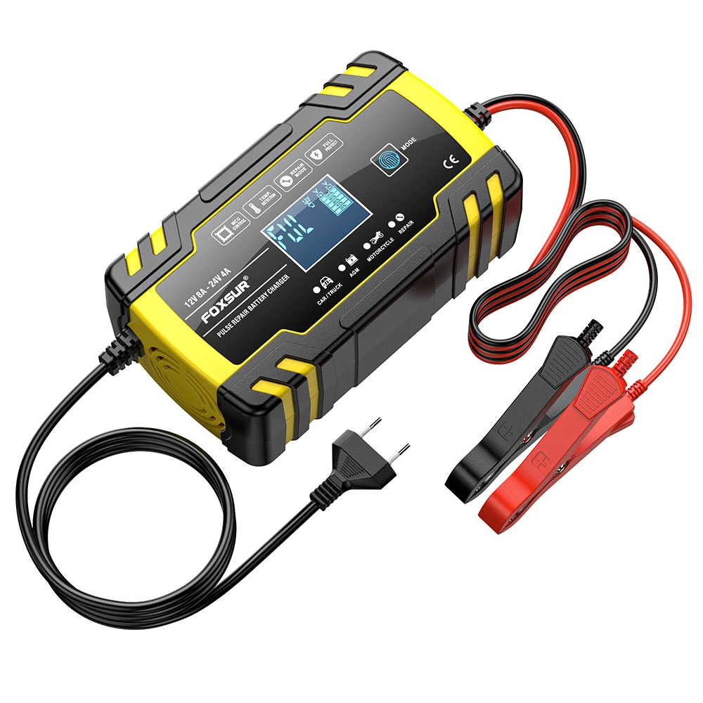 FOXSUR 12V 24V Motorcycle Golf Car Battery Charger Maintainer & Desulfator Smart Battery Charger, Pulse Repair Battery Charger