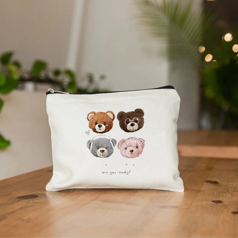 Cute Bear Padrão Maquiagem Sacos para Mulheres, Kawaii, Casual, Viagem, Senhoras, Caso Cosmético Portátil, Saco de Beleza, Bolsa de Higiene Pessoal