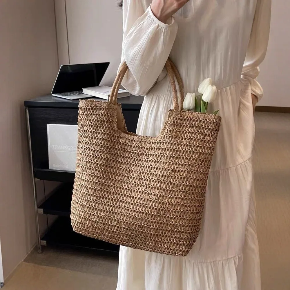 

Fashion Elegant Straw Hobo Bag Hollow Out Soft Women Knitting Shoulder Bag Solid Color Bohemian Simple Shopping Bag Shopping
