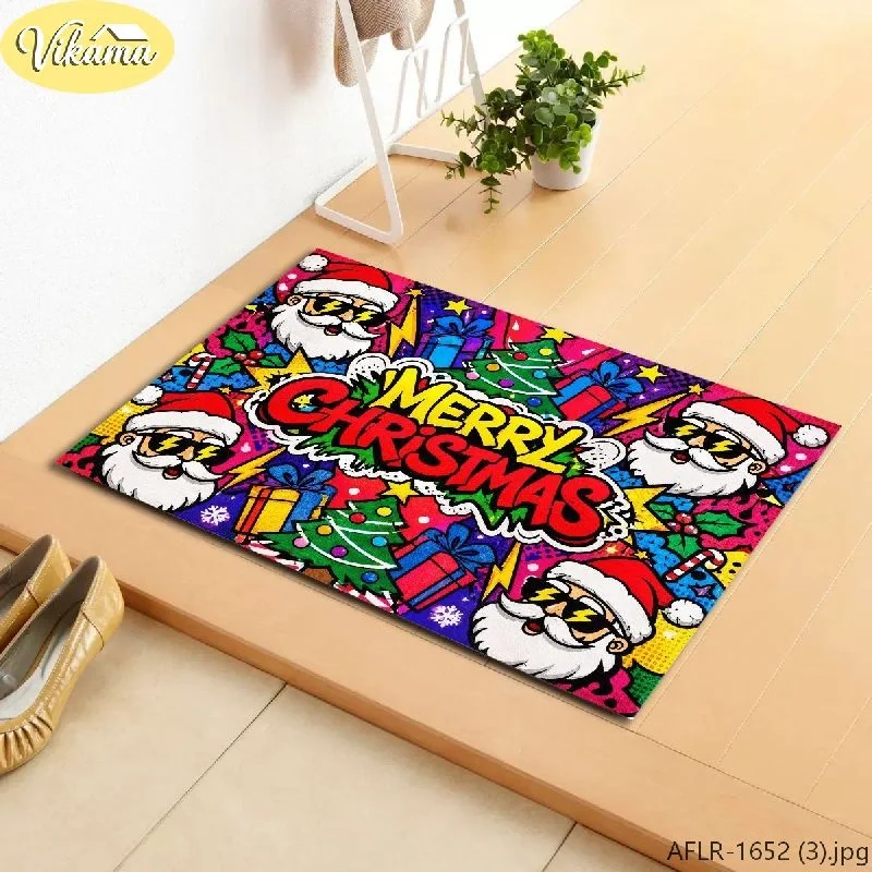 VIKAMA Santa & Typographic Flannel Door Mat, Anti-Slip Absorbent Floor Mat, Decor for Front Door Entryway Kitchen Bedroom