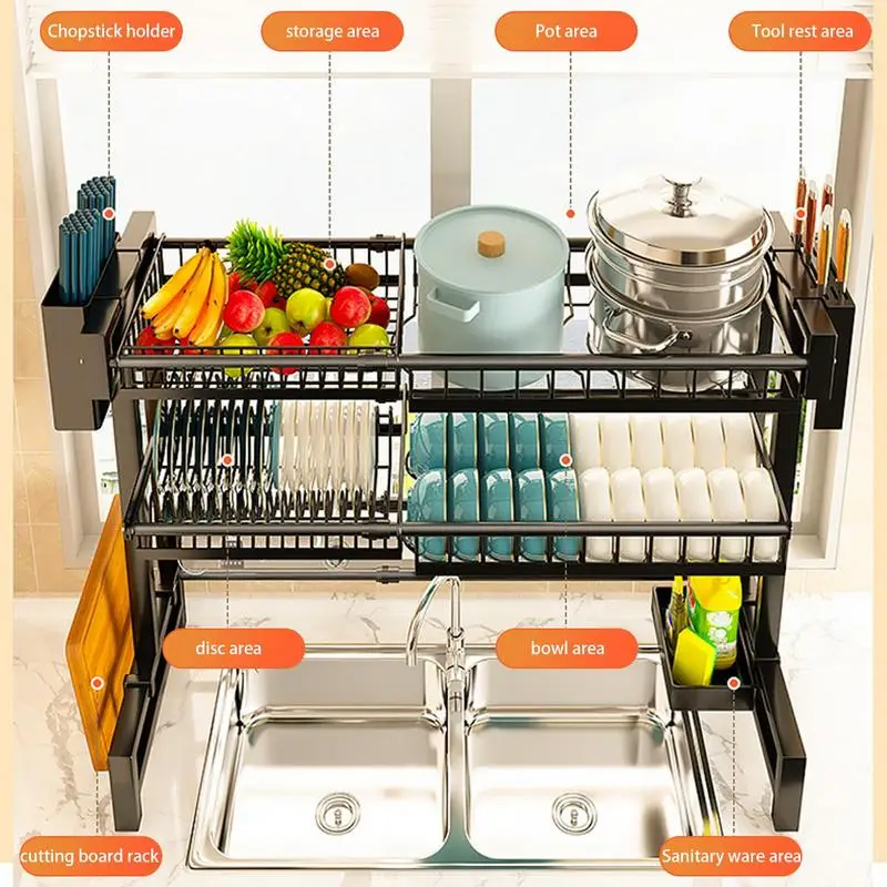 

Countertop Dish Organizer Sink Dish Rack Dish Rack with Chopstick Cylinder Accessories 2 Tier Drainer Expandable Kitchen Shelf