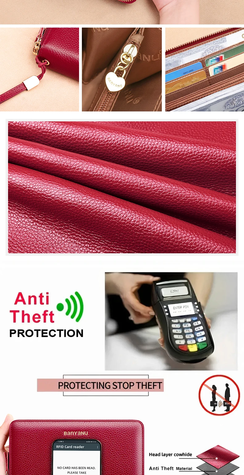 Damen-Geldbörse mit großem Fassungsvermögen, doppeltem Reißverschluss, aus echtem Rindsleder, Handy- und Münzgeldbörse für Reisen, Geschenke, mit Anti-Diebstahl-RFID-Blockierung – Detail 3