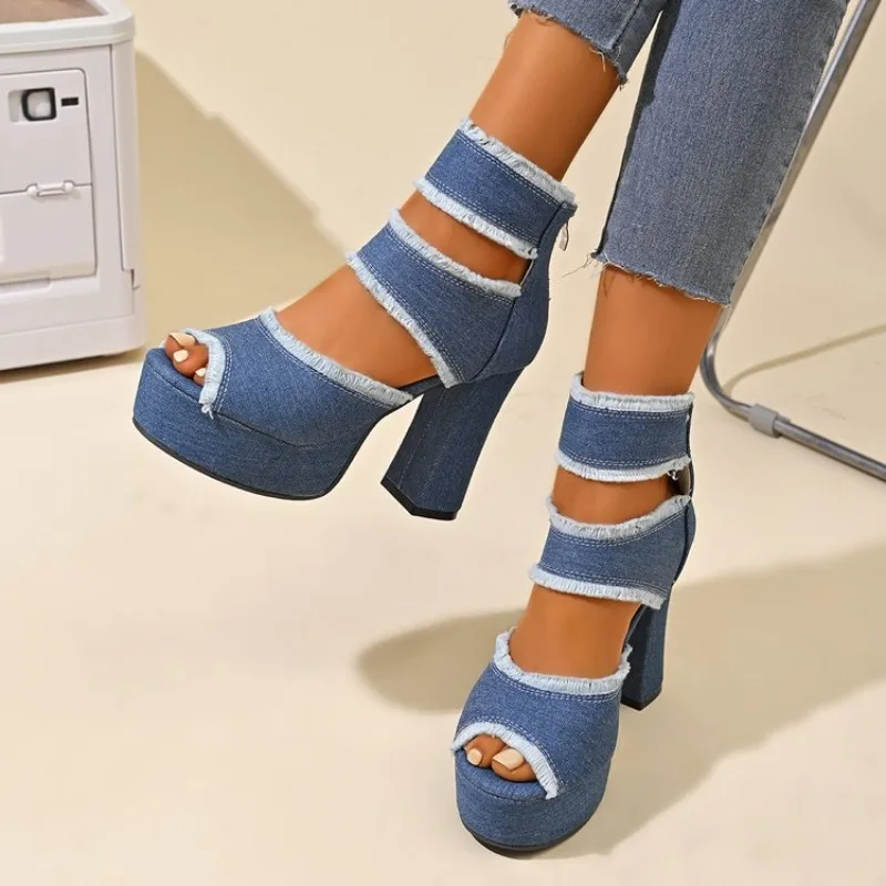 Women's Platform Sandals Peep Toe High Block Heel Woven-Look Denim-Style Frayed Edge Strappy Cutout Summer Casual Dressy Shoes