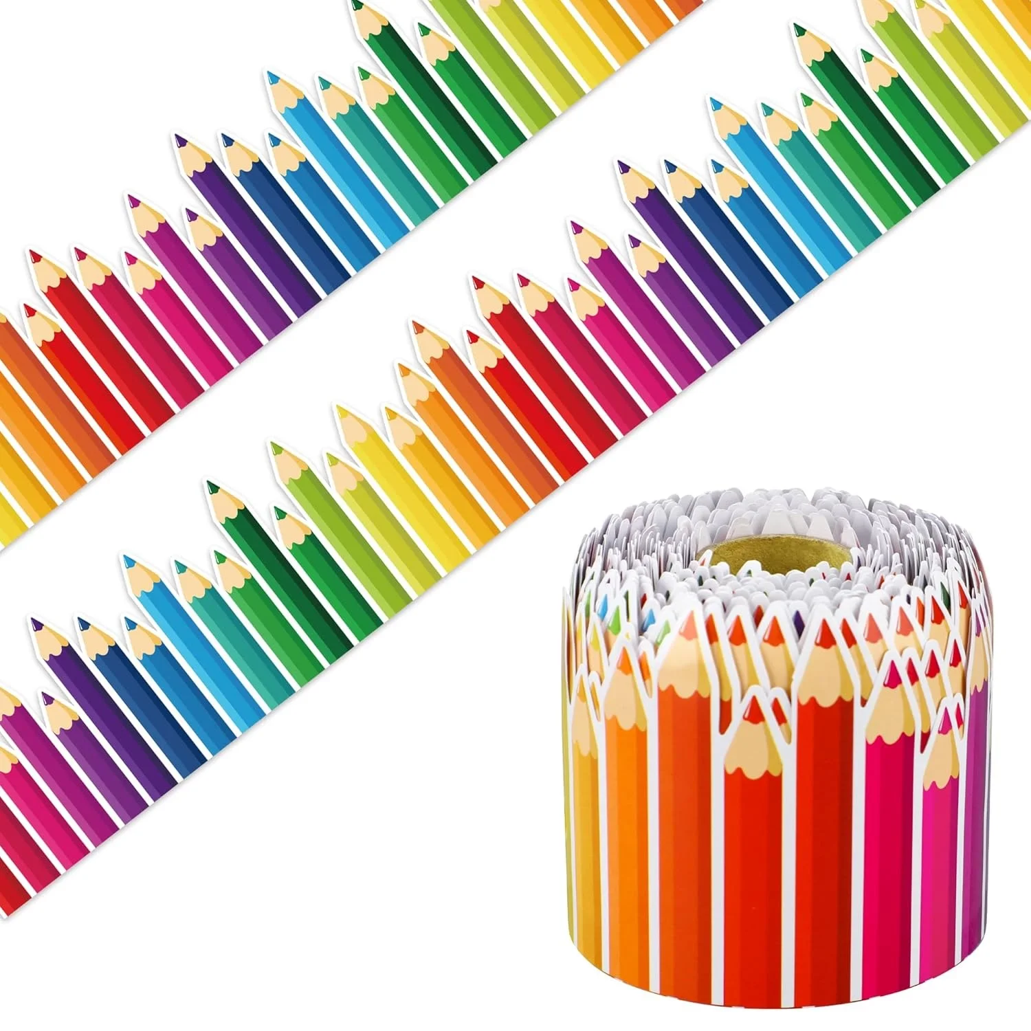 7.6cm Pencil Classroom Bulletin Board Borders, Scalloped Rolled Border Trim with Pencil Patterns for School, Classroom & Offices