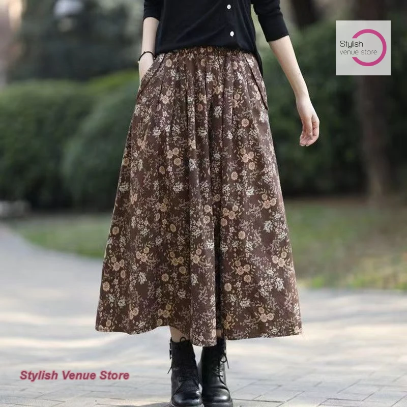 

Женская юбка больших размеров во французском стиле с цветочным принтом. Женская весенне-осенняя юбка трапециевидной формы в стиле ретро, темпераментная литературная юбка с высокой талией.