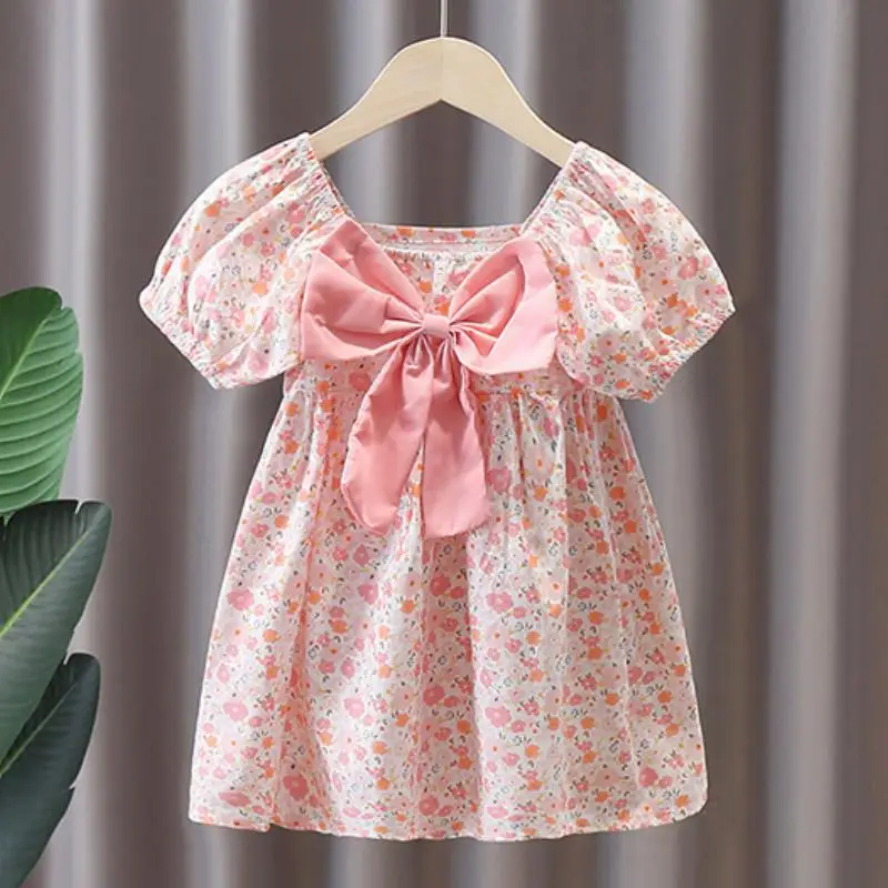 

Children's Dress 2024 New Girl's Summer Floral Bow Short Sleeve Dress Infant Fashion Princess Dress 1-7 Years Old