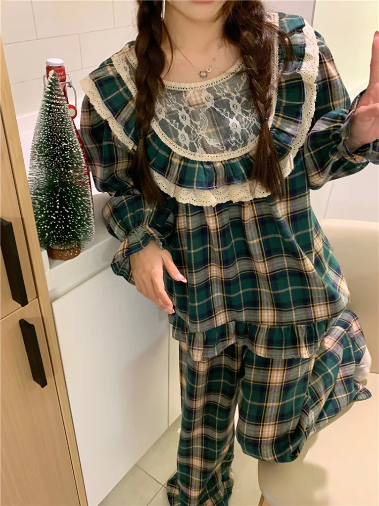 Home New Christmas Green Cotton Lace Plaid Sweet Winter Long Sleeve Pajama Set Women Soft  Stripe Loose Princess Sleepwear Ins