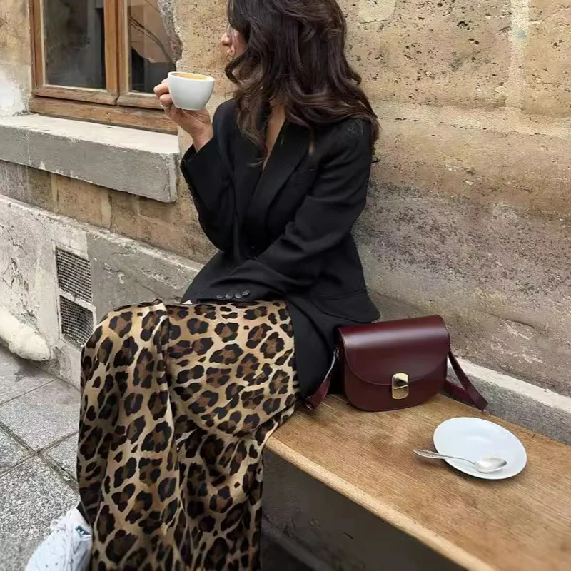 Leopard Druck Langen Rock für Frauen Streetwear Slim Fit Party Satin Maxi Rock Faldas Mujer Dame Chic Mode Hohe Taille Rock
