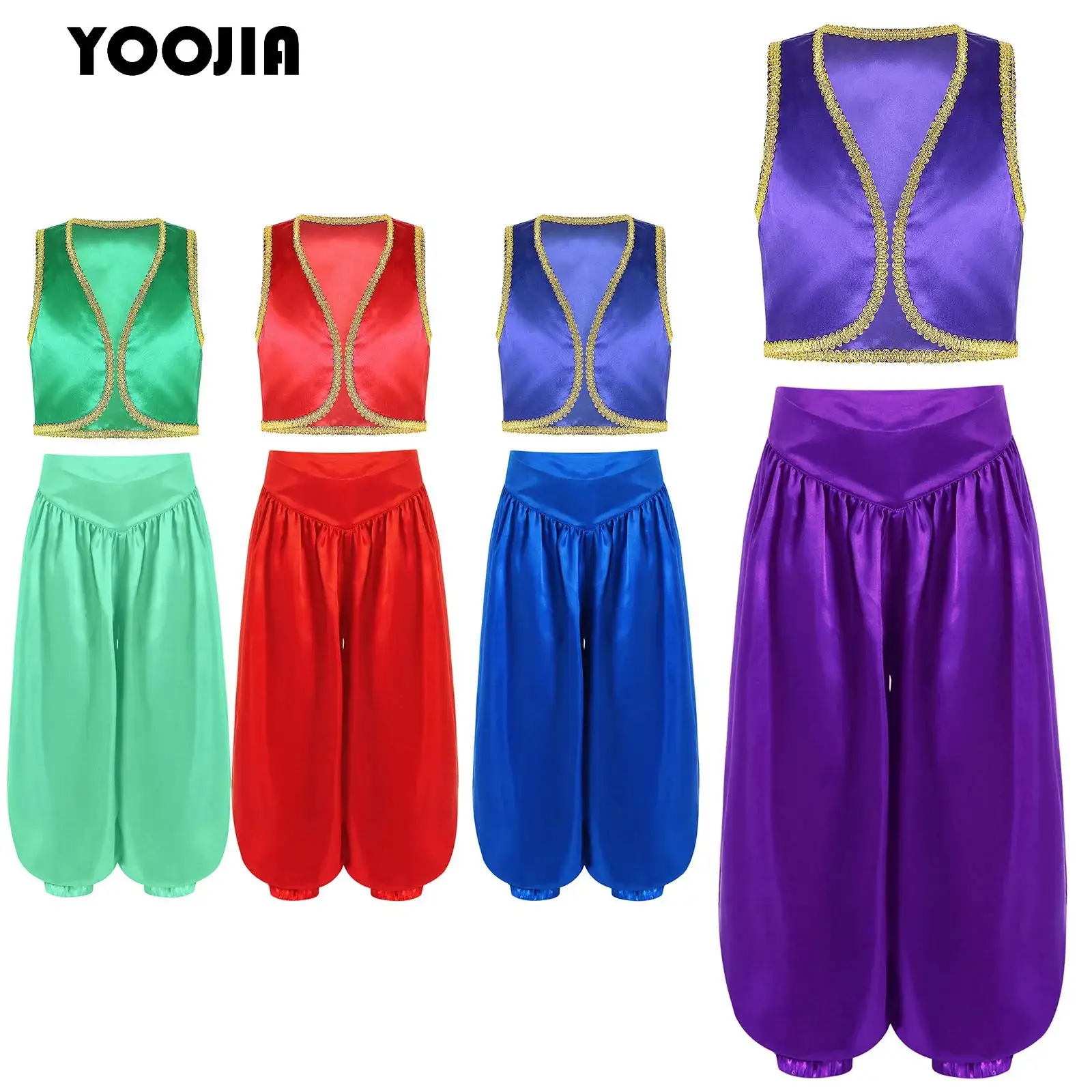 Mythical Arabian Prince Fancy Dress Up Boys Golden Trim Vest Genies Waistcoat with Satin Bloomers Pants Halloween Fairytale Suit