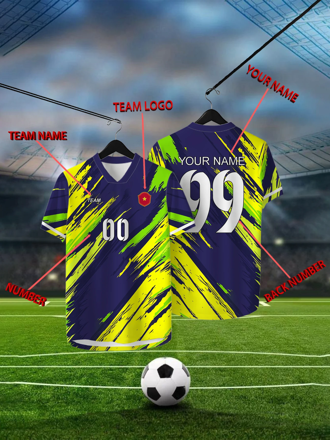 

Customized Geometric Deep Blue Short Sleeved Shirt with Team Name, Emblem, Name and Number, Outdoor Sports Short Sleeved T-shirt
